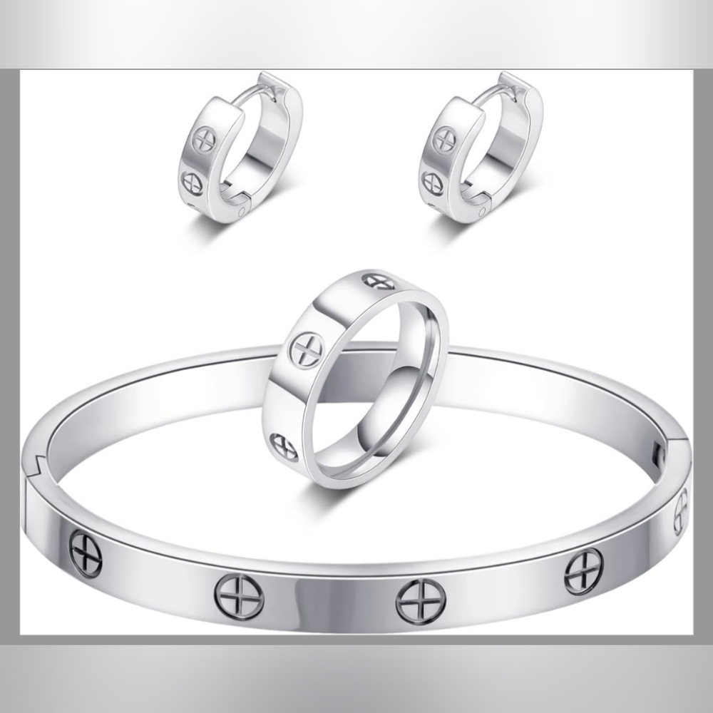 3 Pc Timeless Hoop Earrings, Bracelet & Ring Set Size 6 or 7